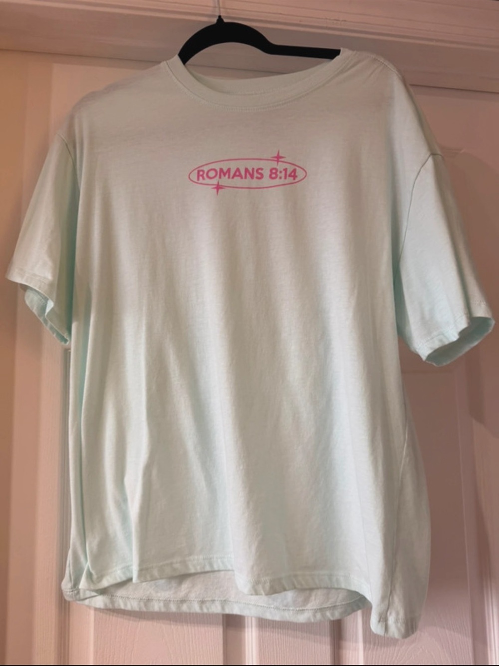 Mint Short Sleeve Tee with Pink 'Romans 8:14' Graphic
